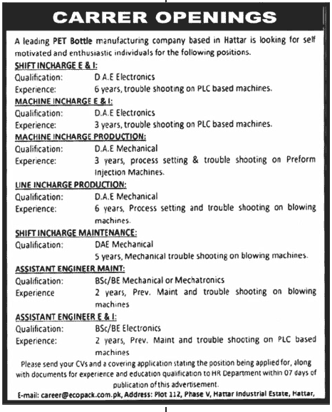 Supervision Staff and Managing Staff Required at PET Bottle Manufacturing Company