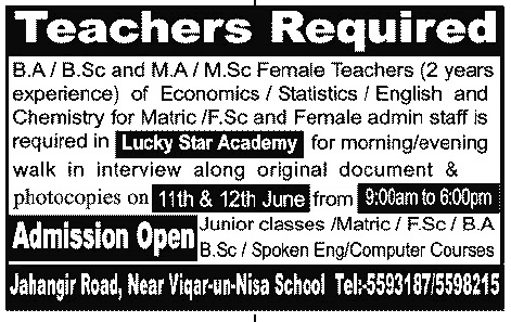 Teachers Required at Lucky Star Academy