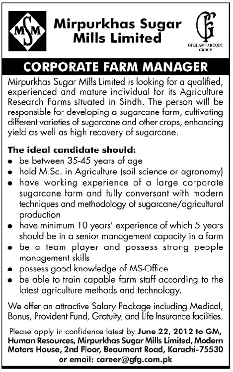 Corporate Farm Manager Required at Sugar Mills Limited
