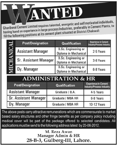 Mechanical, Administration & HR jobs at Gharibwal Cement Limited