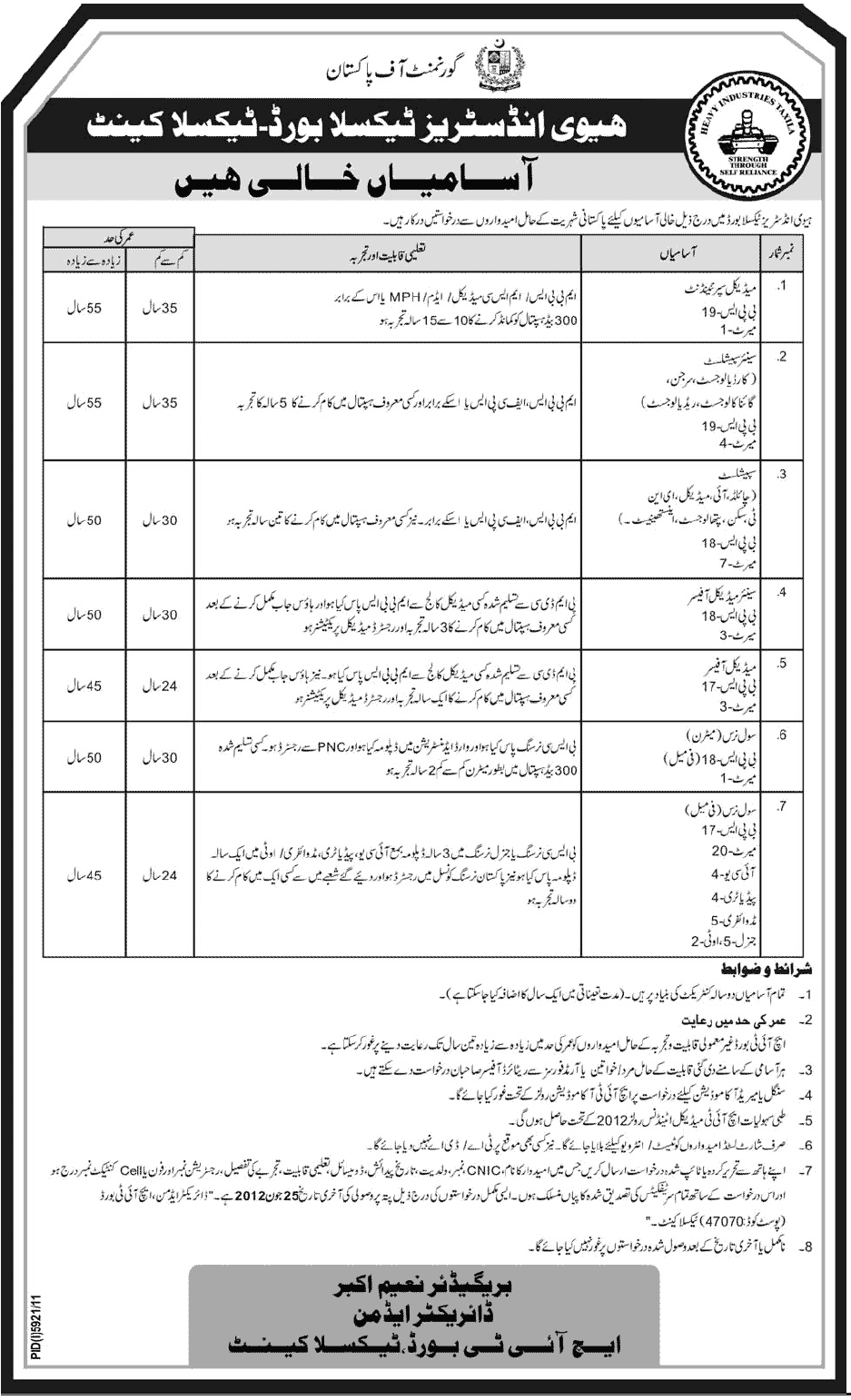 Medical Specialists and Nursing Staff Required at Heavy Industries Taxila