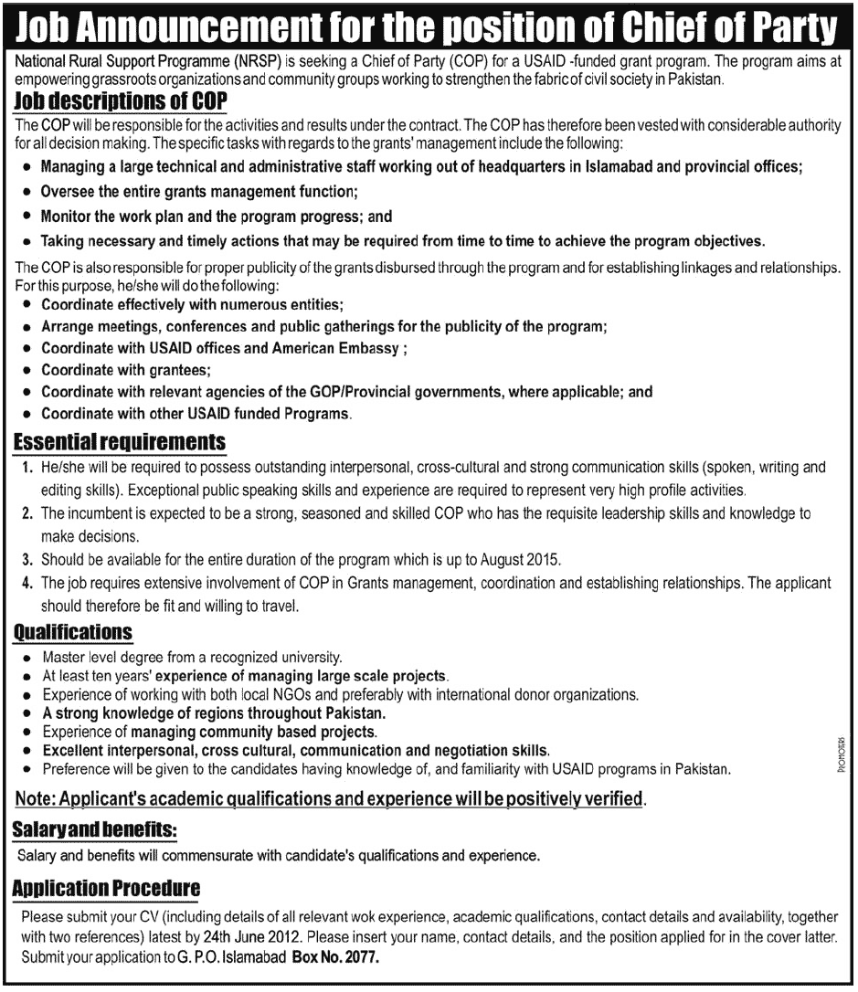 Chief of Party (COP) Required Under USAID Funded Program (NRSP)