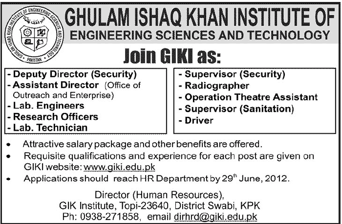 Non-Teaching Staff Required at GIKI (Ghulam Ishaq Khan Institute of Engineering Science and Technology)