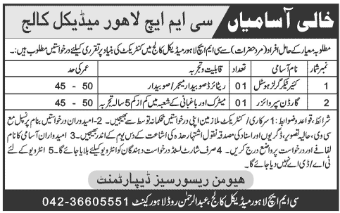 Caretaker Girls Hostel and Garden Supervisor Required at CMH Medical College