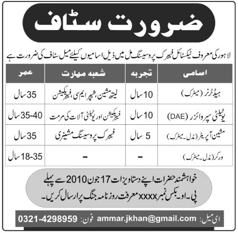 Technical Staff Required at Textile Fabric Processing Mill