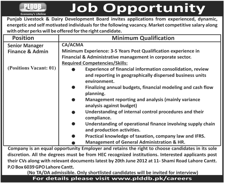 Manager Finance & Admin Required at PLDDB (Punjab Livestock & Dairy Development Board)