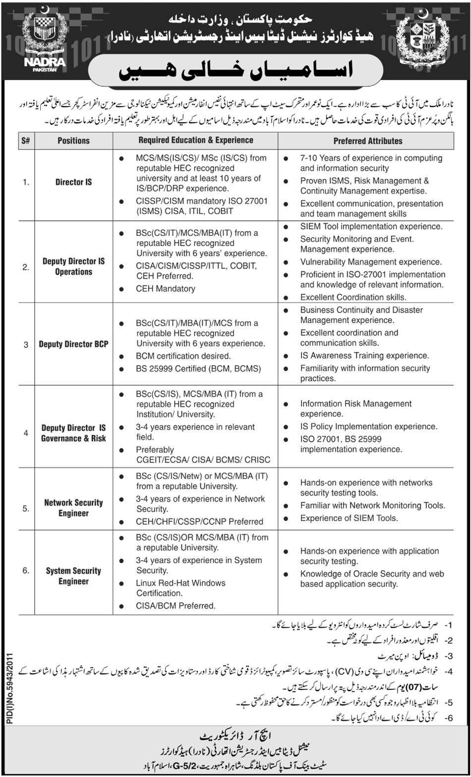 IT Mangement and Network Security Engineers Required at NADRA (Govt. job)