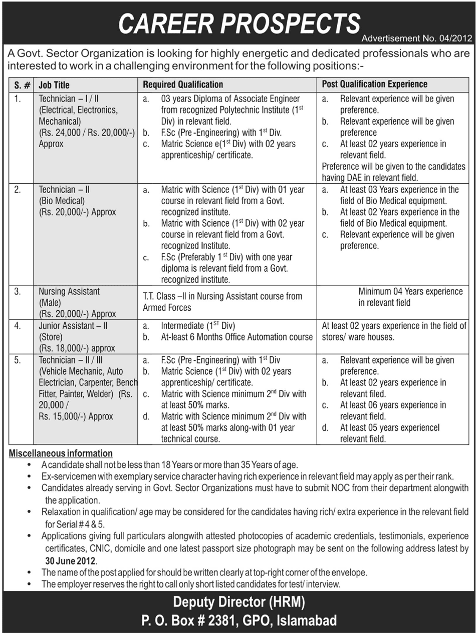 Technical Staff Requried by a Government Sector Organization