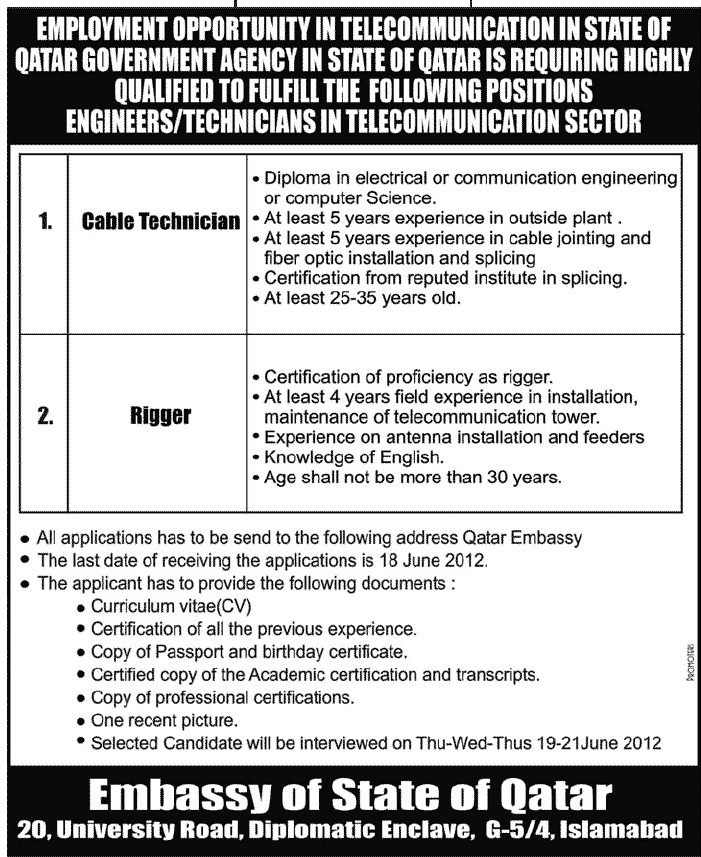 Cable Technician and Rigger Job Under Telecommunication Department (Government of QATAR job)