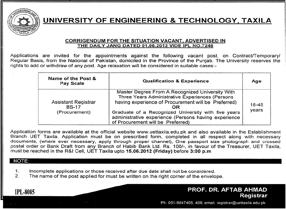 Assistant Registrar Required at UET (University of Engineering & Technology)