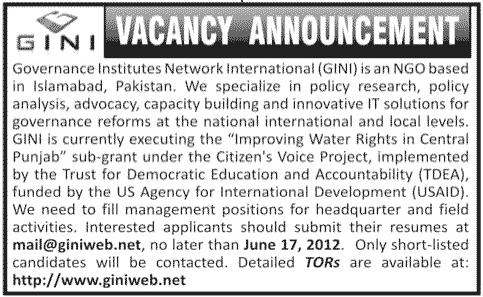 Management Staff Required by an NGO's Headquarter (GINI)