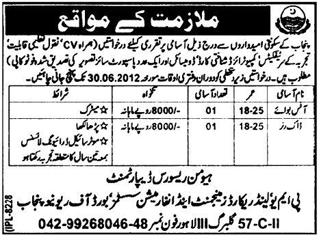 Dak Runner and Office Boy Required Under PMU Land Records Management and Information Systems (Board of Revenue Punjab)