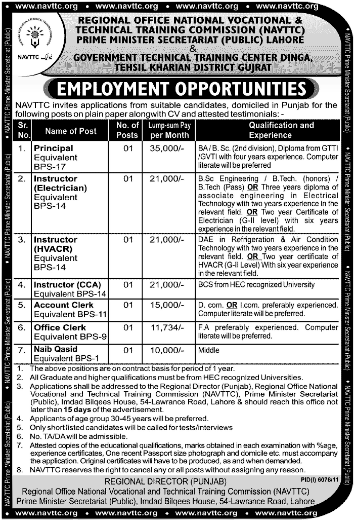 NAVTTC (National Vocational & Technical Training Commission) Required Technical and Administrative Staff (Govt. job)