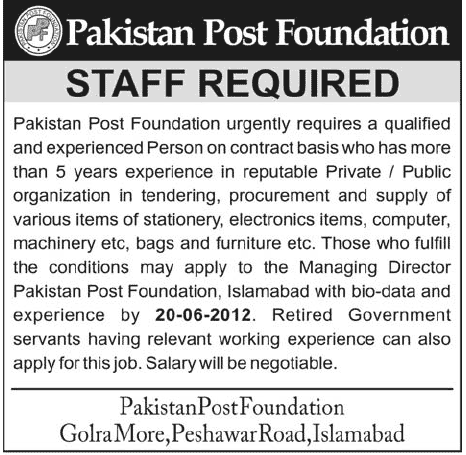 Tendering and Procurement Officer Required at Pakistan Post Foundation (PPF)