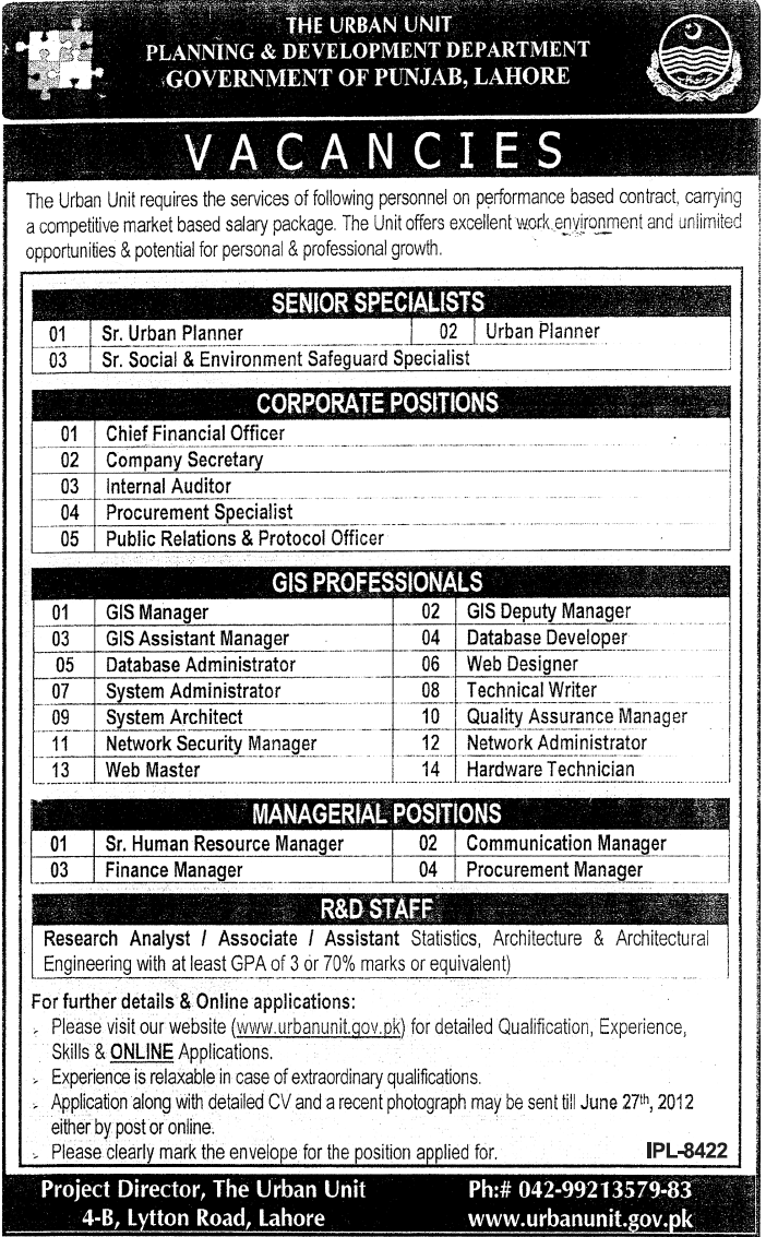 Senior Specialists, Corporate Positions, GIS Professional and Managerial Staff Required by The Urban Unit Planning & Development Department (Govt. job)