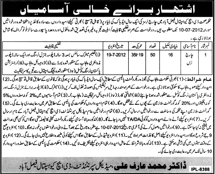 Charge Nurse Required Health Department DHQ Hospital (Govt. Job)