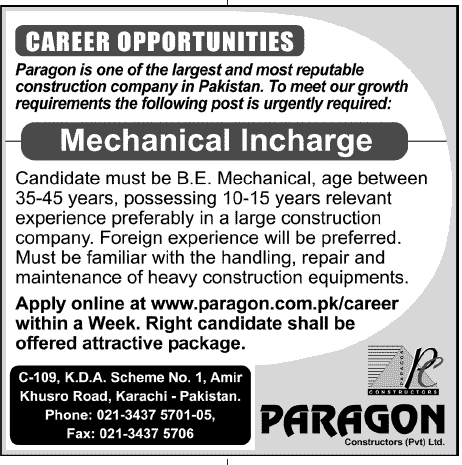 Mechanical Incharge Job at Paragon Constructions (Pvt) Ltd.