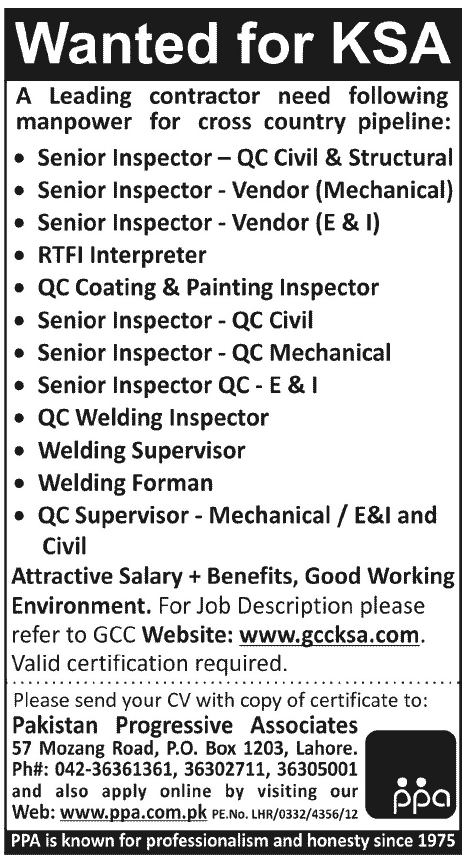 Construction, Mechanical and Technical Staff Required