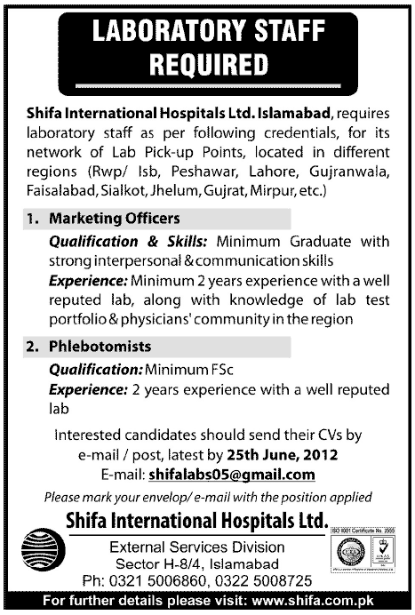 Marketing Officers and Phlebotomists Required by Shifa International Hospitals Ltd.