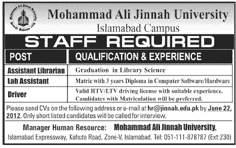 Librarian and Lab Assistant job at MAJU (Mohammad Ali Jinnah University)