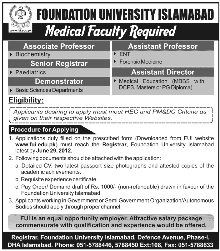 Medical Faculty Required at Foundation University (FU)