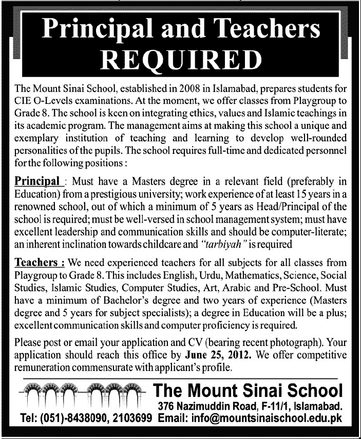 Principal and Teachers Required at The Mount Sinai School