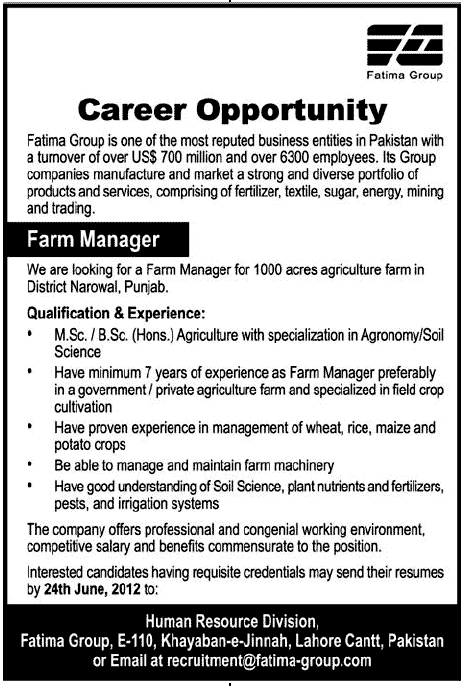Farm Manager Required by FATIMA GROUP (A Business of Product and Services)