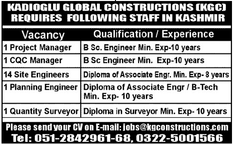Construction Staff Required by KADIOGLU Global Constructions (KGC)