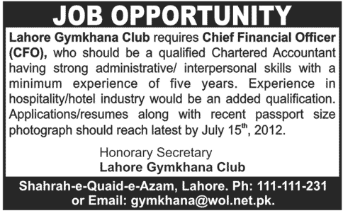 Chief Financial Officer (CFO) Required by Lahore Gymkhana Club