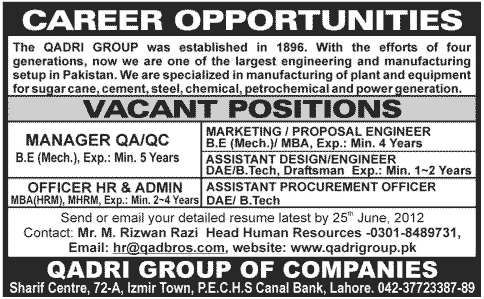Manager QA /QC and HR Officer Required by Qadri Group of Companies
