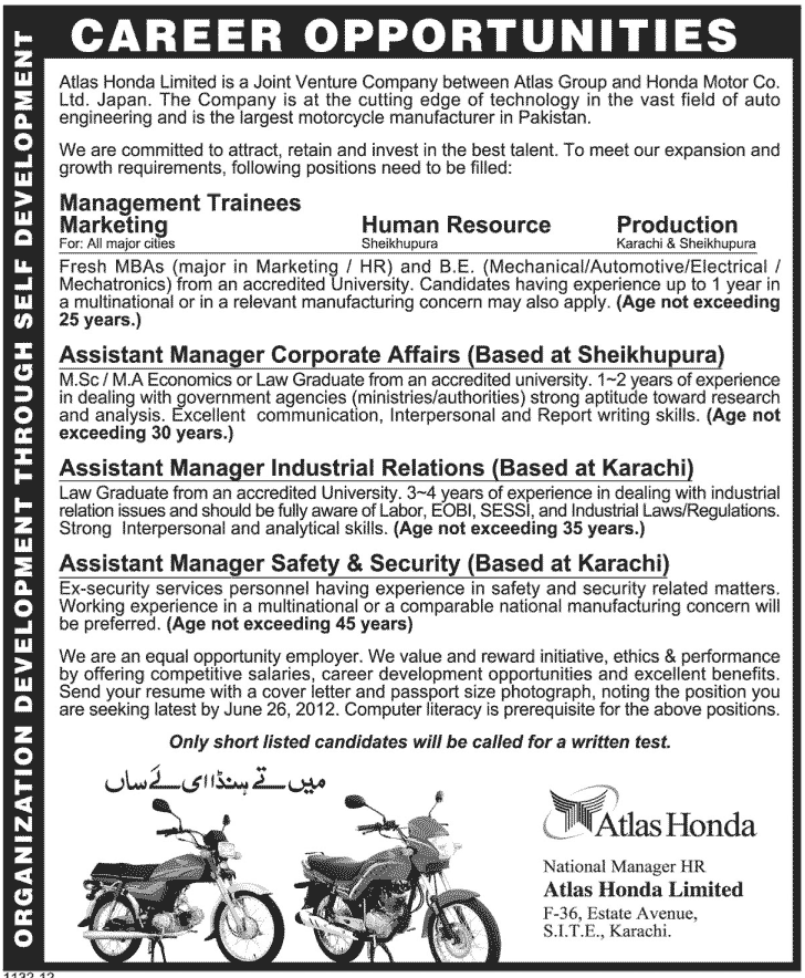 Management Staff and Management Trainees Required by Atlas Honda Limited (A Joint Venture between Atlas Group and Honda Motor Co.)