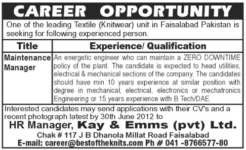 Maintenance Manager Required by an Leading Textile Unit