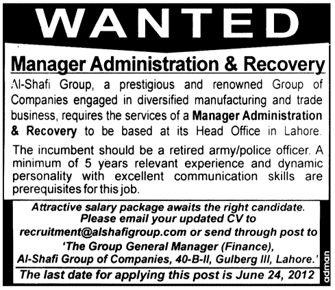 Manager Administration & Recovery Required by Al-Shafi Group