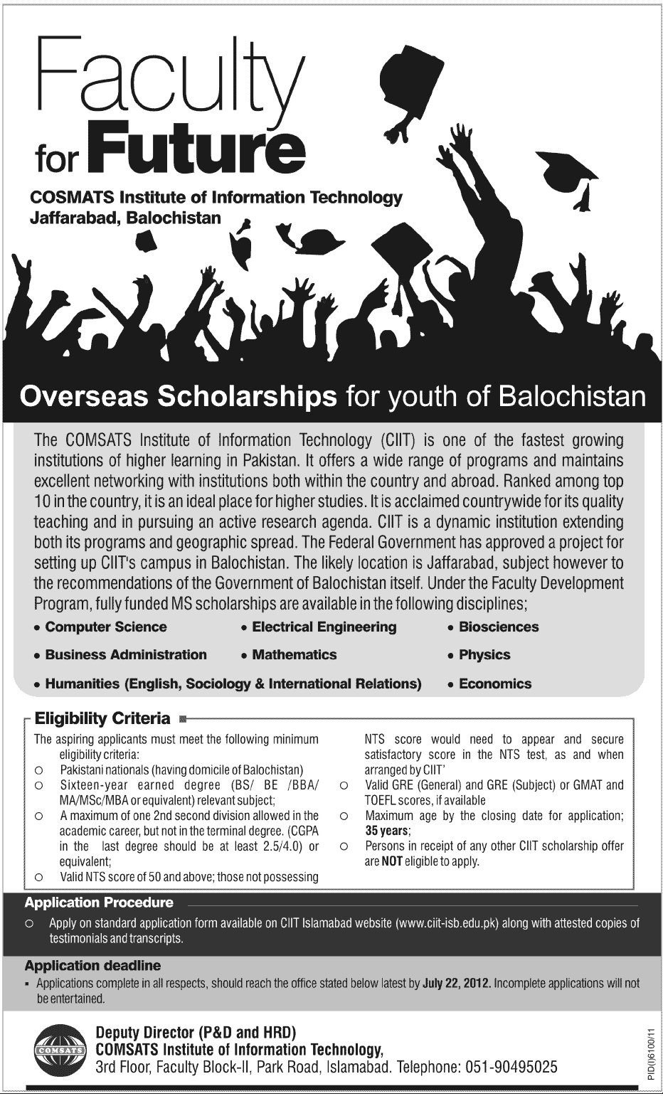 MS Scholarships Offered by COMSATS Institute of Information Technology (CIIT) for Youth of Balochistan