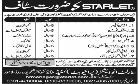 Admin and Support Staff Required at STARLET (Pvt) Ltd.