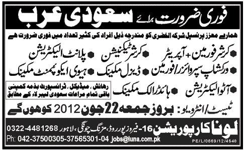 Mechanical and Technical Staff Required for Saudi Arabia