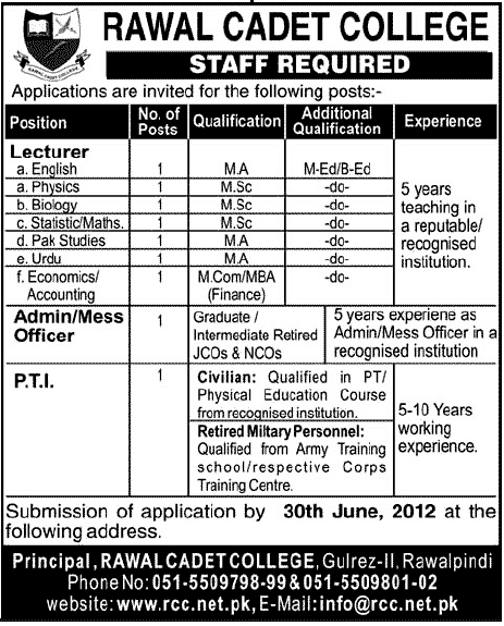 Rawal Cadet College Requires Teaching and Admin Staff