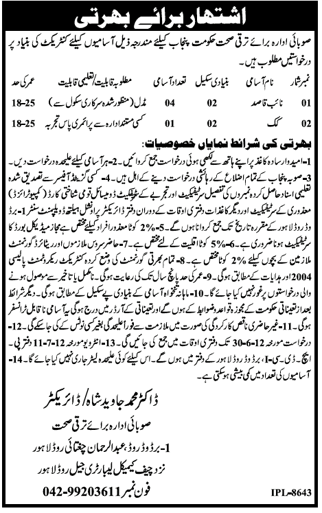 Cook and Naib Qasid Job (Govt. job)