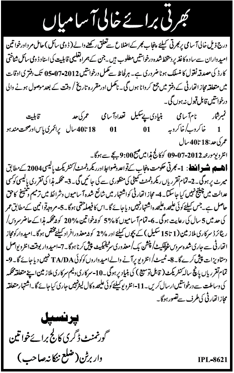 Khakrob/ Khakroba Job at Government Degree College for Women (Govt. job)