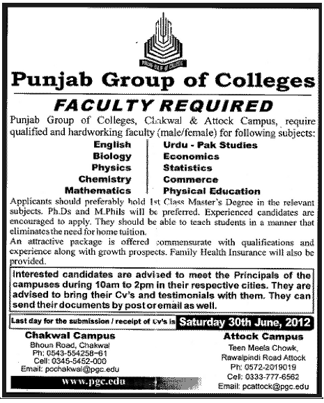 Punjab Group of  Colleges Requires Teaching Faculty