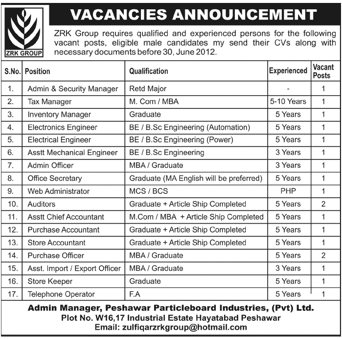 Administration and Engineering Staff Required by ZRK Group