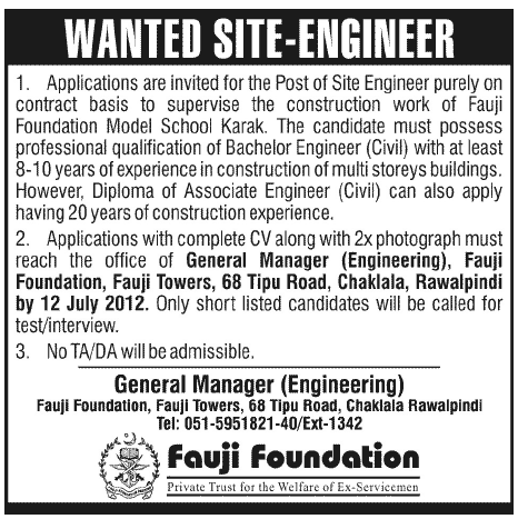 Site Engineer Required Under Fauji Foundation Project