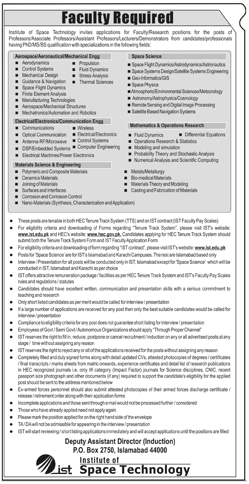 Institute of Space Technology (IST) Requires Teaching Faculty and Research Staff