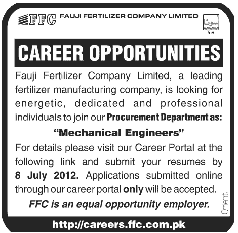 Fauji Fertilizers Company Limited Required Mechanical Engineers
