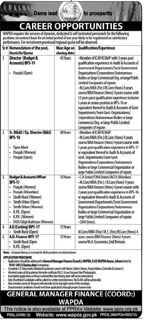 WAPDA Requires Finance and Accounts Management jobs (Govt.job)