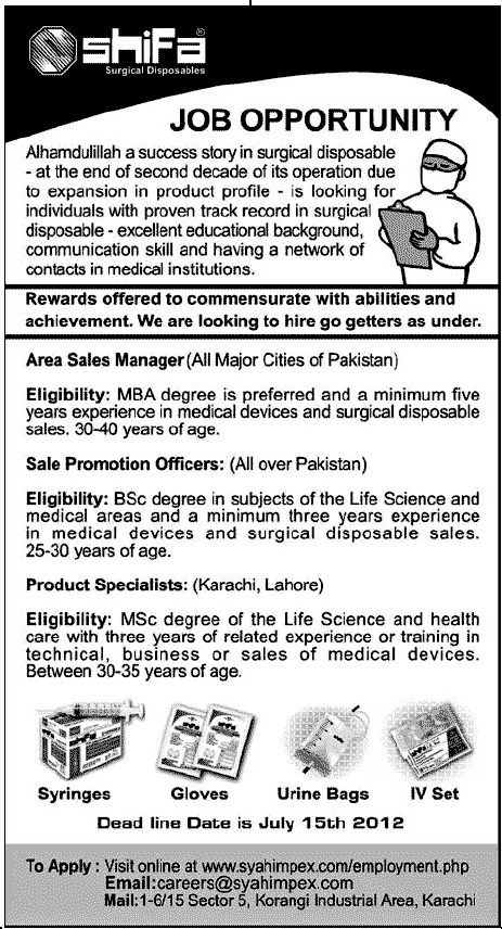 Management and Sales Jobs by Shifa Surgical Disposables