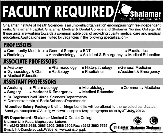 Shalamar Institute of Health Science Requires Medical Teaching Faculty