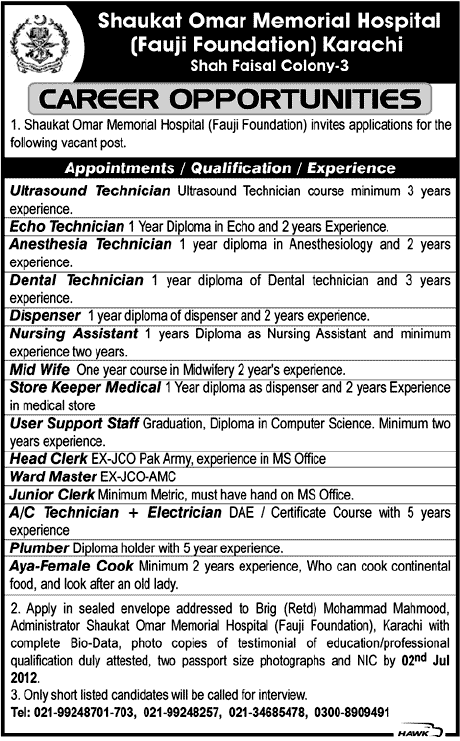 Shaukat Omar Memorial Hospital (Fauji Foundation) Requires Medical Support Staff