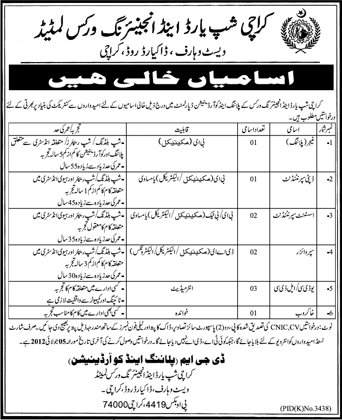 Karachi Ship Yard & Engineering Works Limited Requires Manager Planning and Admin Staff (Govt. job)
