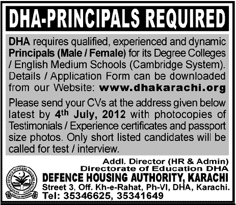 Principal (Male/ Female) Required by DHA for its Degree College